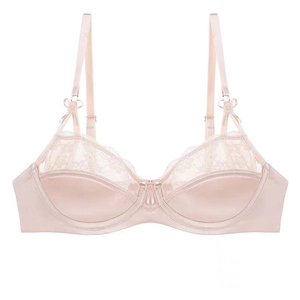 Lace bra in champagne pink featuring silk satin finish and delicate floral embroidery