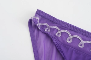 Détail de la culotte en résille violette avec broderie festonnée délicate sur les bords