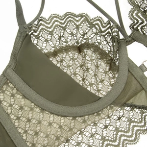 Detailed close-up of olive green lace bra cups showing mesh texture and wiring