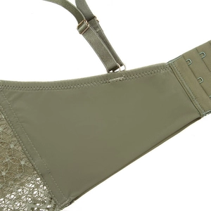 Detailed macro view of olive green lace side wings and three-row hook closure