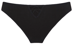 Detail view of black low waist cotton panties featuring sexy V-shape cutout and cross straps