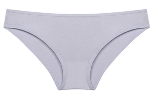 Detailed view of grey cotton low-waist panties with hollow straps and soft stitching
