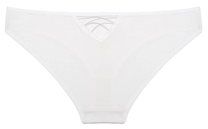 Detailed view of white cotton panties featuring hollow out cross strap waist design