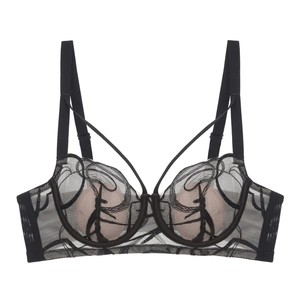 Détail de la dentelle brodée à l'encre noire française sur un soutien-gorge à armatures