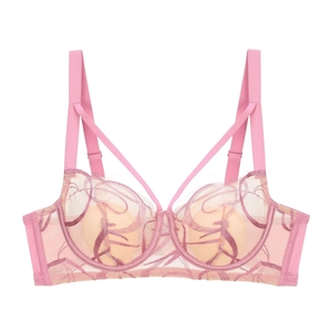 Détail de la broderie florale en dentelle rose et du mesh sur les bonnets à armatures