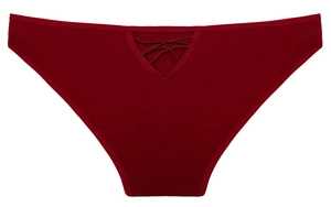Detail view of deep red cotton panties featuring sexy V-shaped cross-strap镂空 cutout design