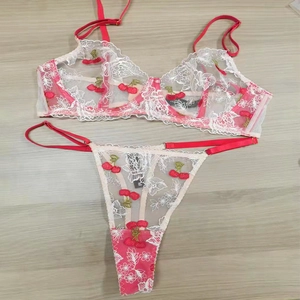 Detailed close-up of white lace bra set with red cherry embroidery and matching thong