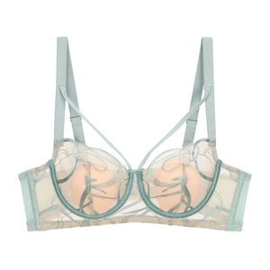 Détail d'un soutien-gorge en dentelle vert menthe avec broderie florale et lanières