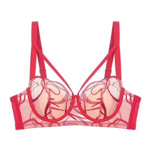 Détail de broderie florale rouge et maille transparente sur un soutien-gorge chic