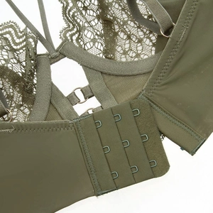 Olive green lace lingerie set featuring adjustable straps and three-row hook-eye closure