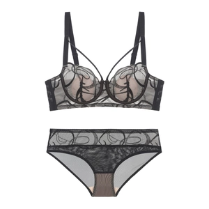 Dessous-Set aus schwarzer Spitze mit Stickerei, Netz-BH und passendem Slip im Set