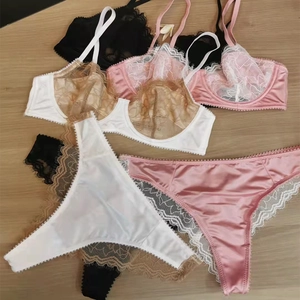 Lace lingerie set with eyelash lace bras and satin panties in white pink and black