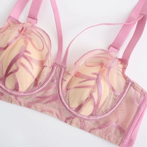 Französisches Spitzen-BH-Set mit rosa Blumenstickerei und atmungsaktiven Netzdetails