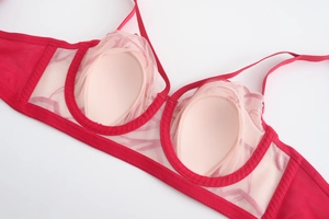 Vue détaillée du soutien-gorge en maille rouge foncé montrant le tissu et les bonnets