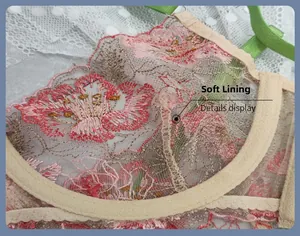 Macro de la doublure douce et broderie florale colorée sur soutien-gorge en tulle