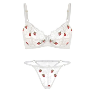 White lace lingerie set with red strawberry embroidery featuring bra and thong