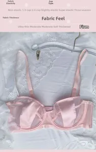 Detail of light pink 3/4 cup satin lace bra with ultra-thin breathable mesh and underwire
