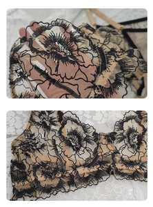 Detail van zwart bloemenborduurwerk en doorschijnend mesh op kanten lingeriesetje