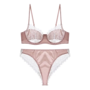 Pink and white lace lingerie set with underwire bra and high-cut panty on white background
