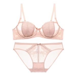 Elegant French style pink lace lingerie set with half-cup bra and matching panty