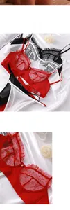Detail of sheer lace lingerie set with vertical stripes and ruffled edges in red