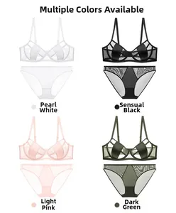 Lace lingerie set display in pearl white, sexy black, light pink and dark green