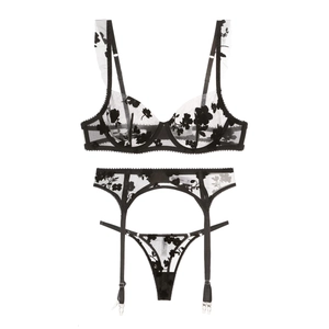 Three-piece black lace lingerie set with underwire bra, garter belt, and thong panty