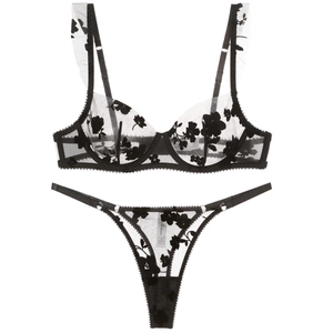 French style thin black lace embroidery bra set with mesh thong and floral patterns