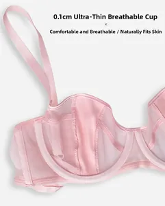Detail of ultra-thin 0.1cm pink mesh bra showing breathable fabric and satin stitching