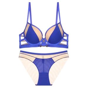 Dunkelblaues Push-up-Dessous-Set mit Kontrast-Mesh-Panel und goldener Schnalle