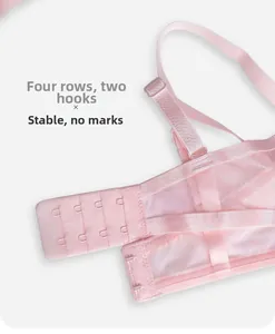 Detail of light pink bra back closure with 4 rows of hooks and breathable mesh fabric