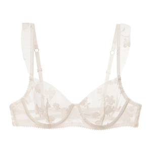 Detail of white sheer mesh bra with floral embroidery and ruffle shoulder straps