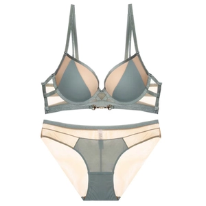 Detaillierte Flachbildansicht eines salbeigrünen Lingerie-Sets mit transparentem Mesh-Netz