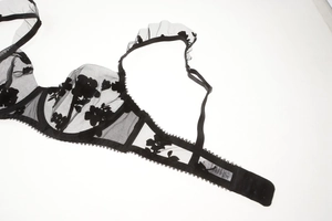 Detailed macro view of black sheer mesh bra featuring floral embroidery and ruffle straps