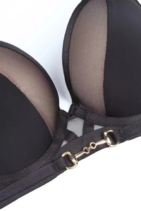 Detail von Push-up-BH mit Spitzen-Mesh-Nähten und goldenen Horsebit-Metallbeschlägen