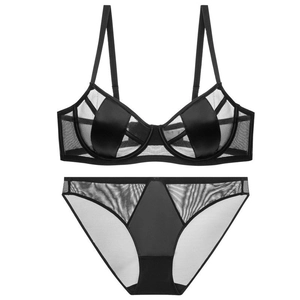 French Sexy Ultra Thin Mesh Satin Splicing Bra And Panty Set Underwired Minimizer Lingerie Top And Bottom For Women