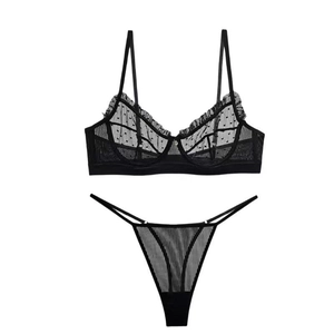 Sheer black lace lingerie set with polka dot mesh bra and strappy thong panty