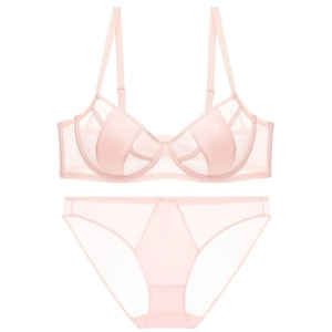 French style thin light pink lace lingerie set with mesh bra and matching panty