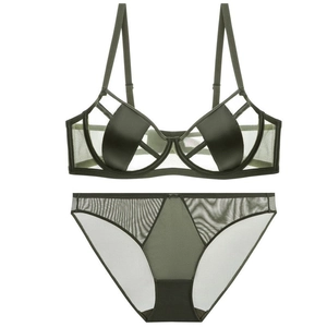 Deep green French style mesh and satin lingerie set with geometric cutout design