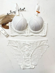 Detailed macro shot of white lace lingerie set with 75B push-up bra and matching panties