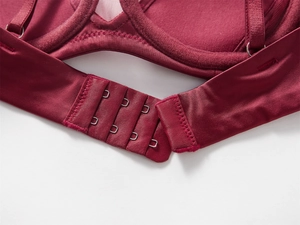Détail de la fermeture à agrafes à trois rangées sur un soutien-gorge en satin bordeaux