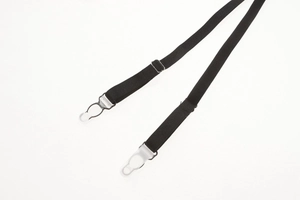Detailed close-up of adjustable black elastic garter straps with silver metal slides and clips