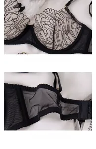 Détails d'un soutien-gorge en dentelle noire avec broderies et texture en maille