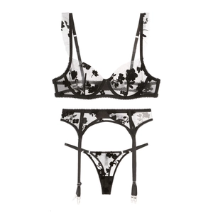 Three-piece black floral embroidery lace lingerie set with mesh bra, garter and thong