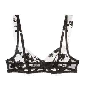 Sexy black lace floral embroidery bra set with mesh detailing and ruffle straps
