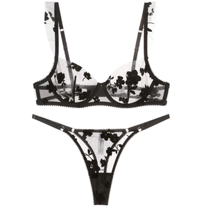 French style thin black lace embroidery lingerie set with wired bra and thong