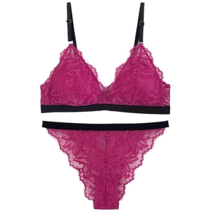 Lace bralette set with fuchsia triangle cups and black adjustable straps in a sheer finish