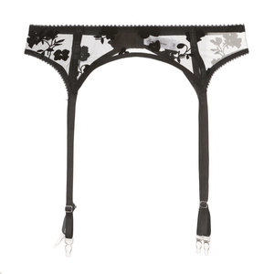 Detailed view of black floral lace garter belt with adjustable straps and metal clips