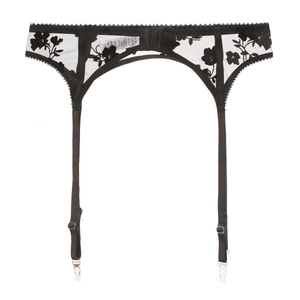 Elegant black floral lace garter belt with adjustable straps and silver metal clips