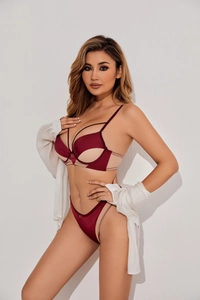 Détails d'un ensemble de lingerie bordeaux avec empiècements en résille et lanières